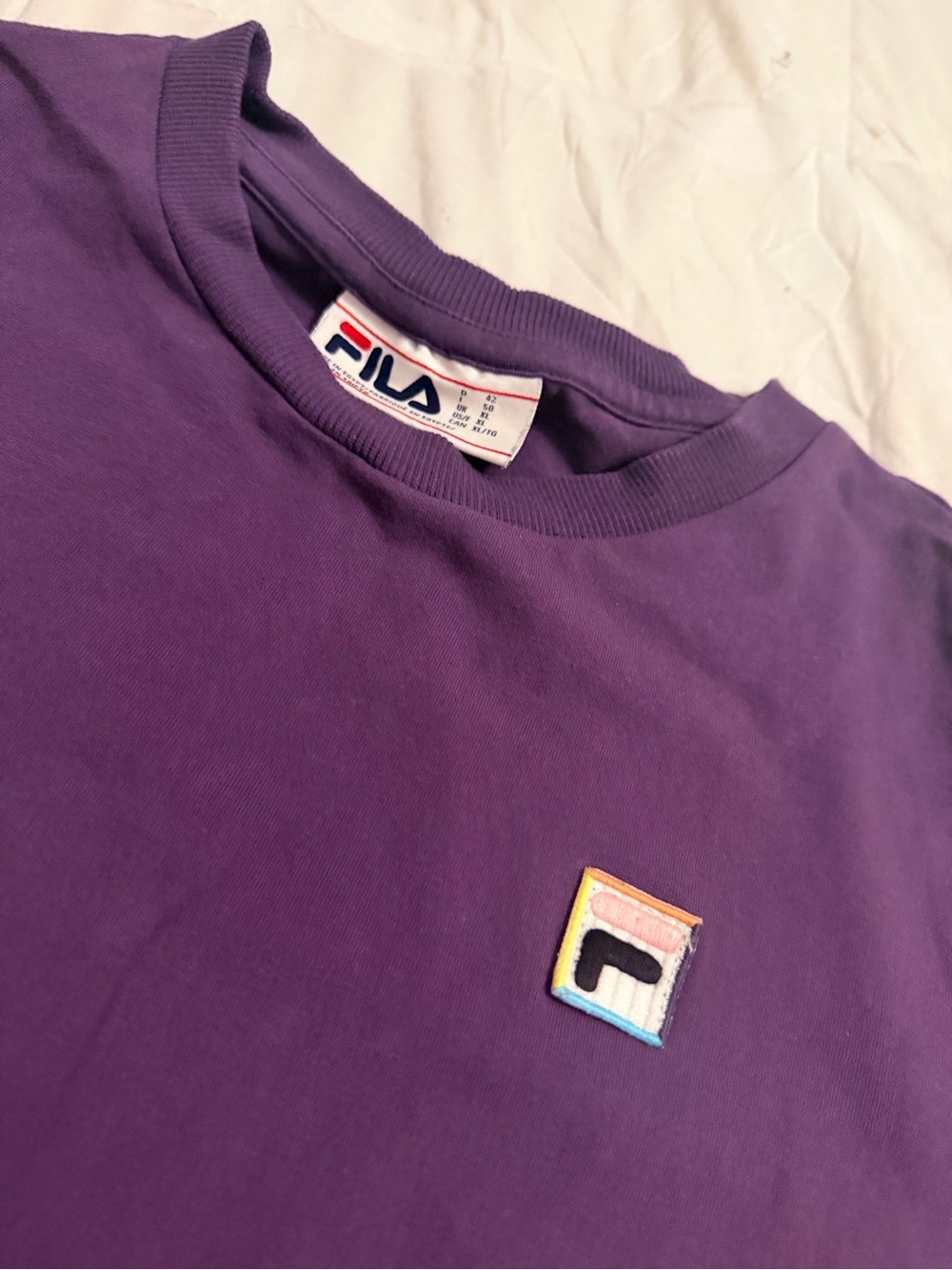 Fila Purple Short-Sleeve Crewneck Tee with Multicolor Logo Patch NWOT